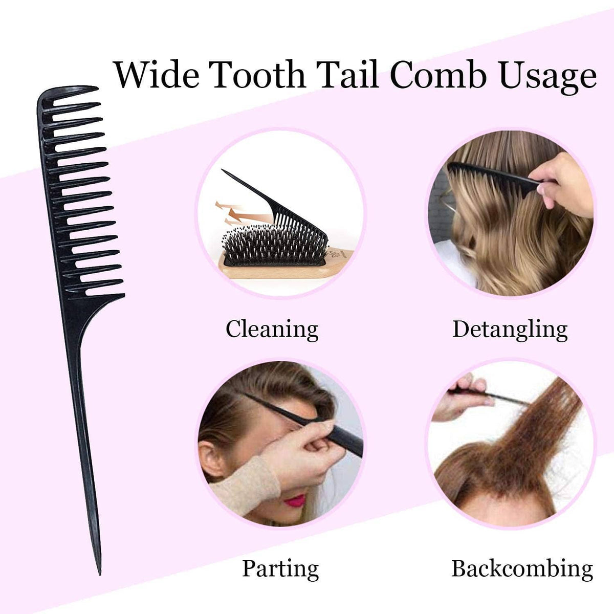 Wide-tooth tail comb with black handle for hair detangling