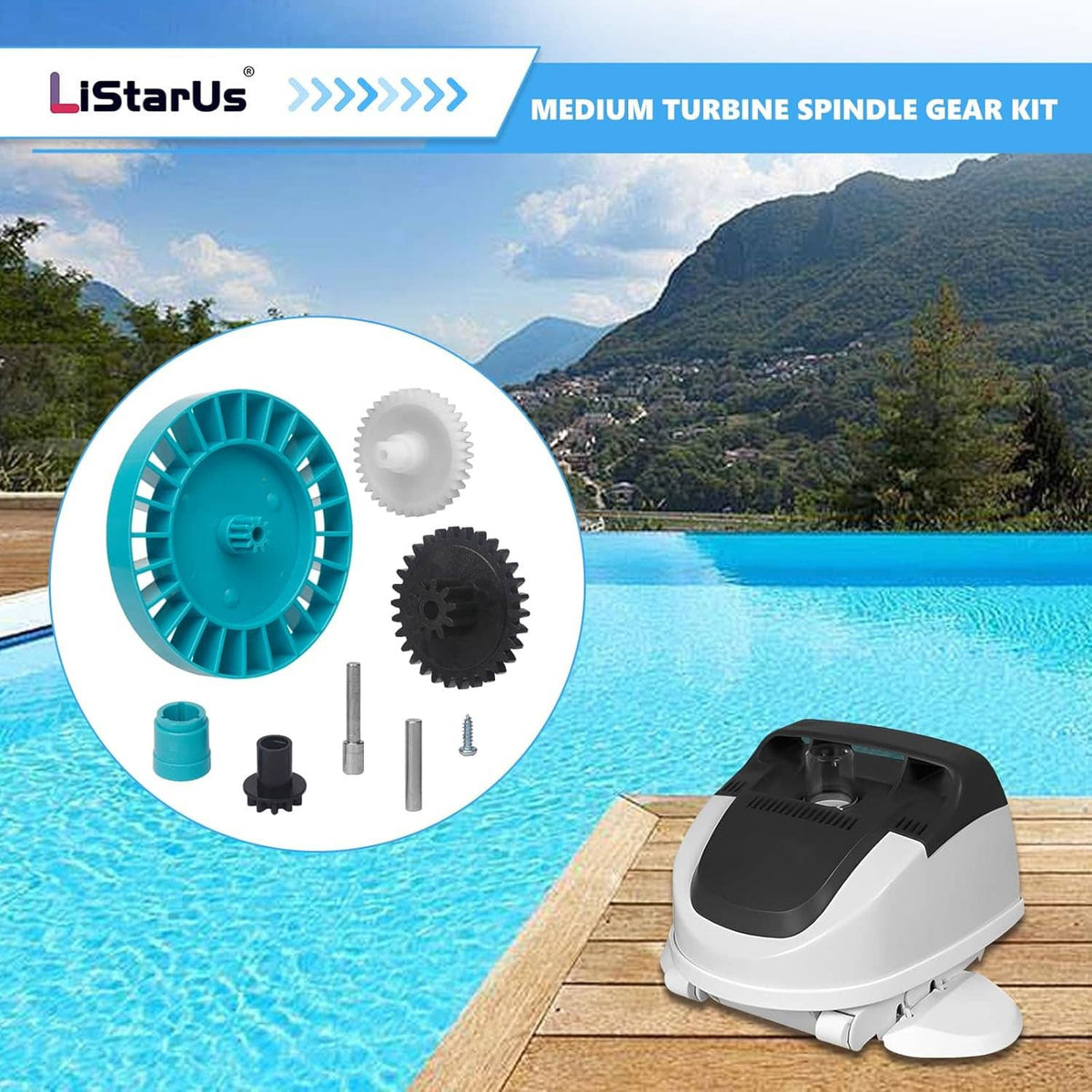 Turquoise turbine spindle gear kit replacement with black, white gears and metal screws