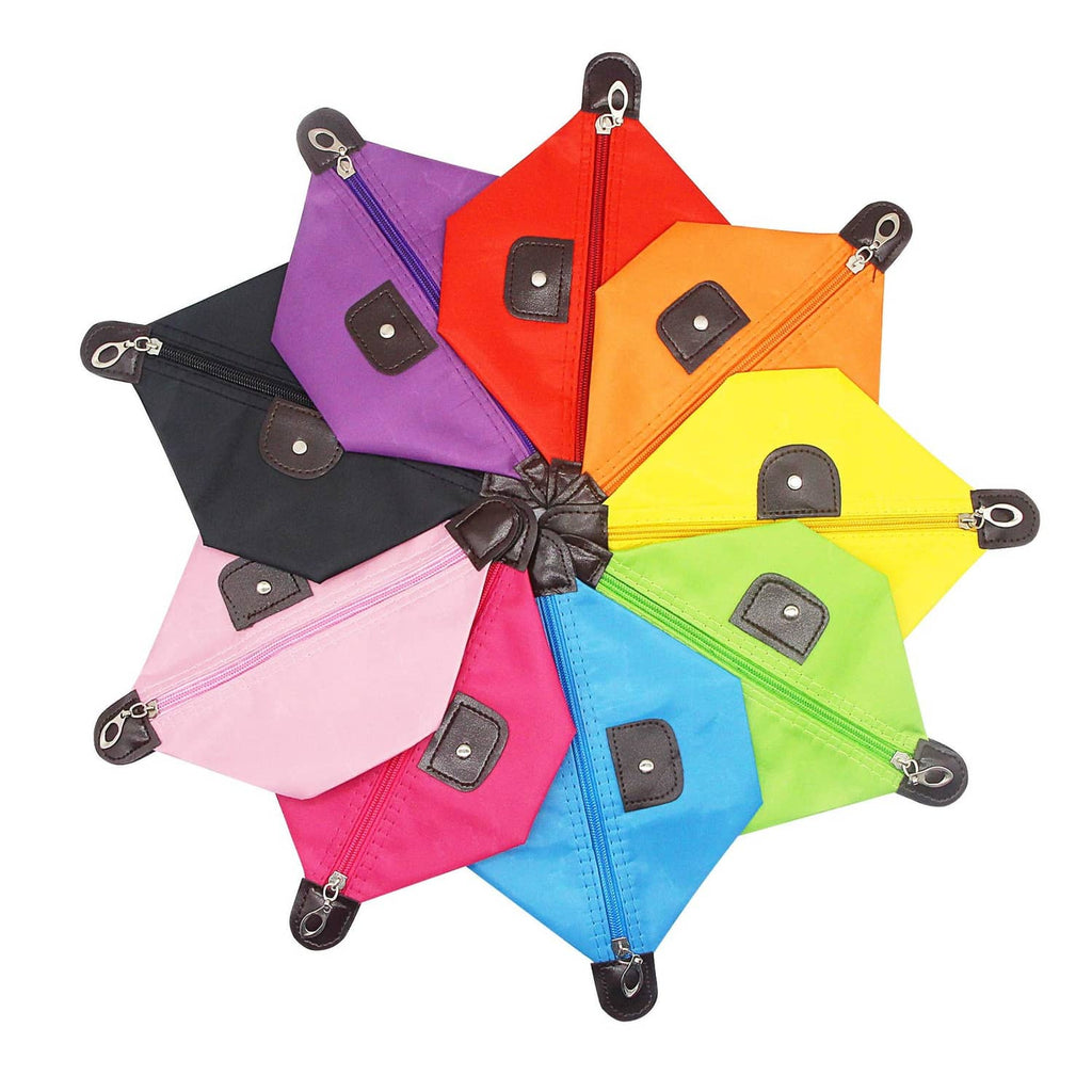Assorted bright makeup zip pouches with dark front patch and metal ring handle loops