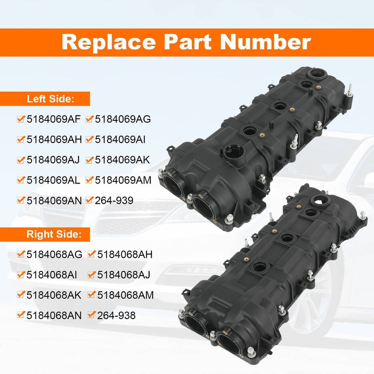 Left and right black valve covers with mounting hardware, replace part number layout.