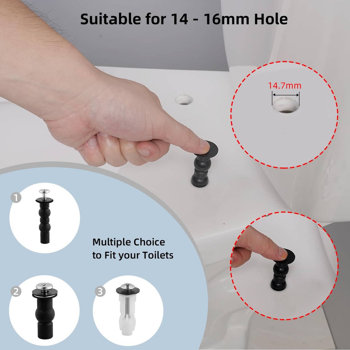 Universal toilet seat bolts installed through toilet hole, black stems with metal screws