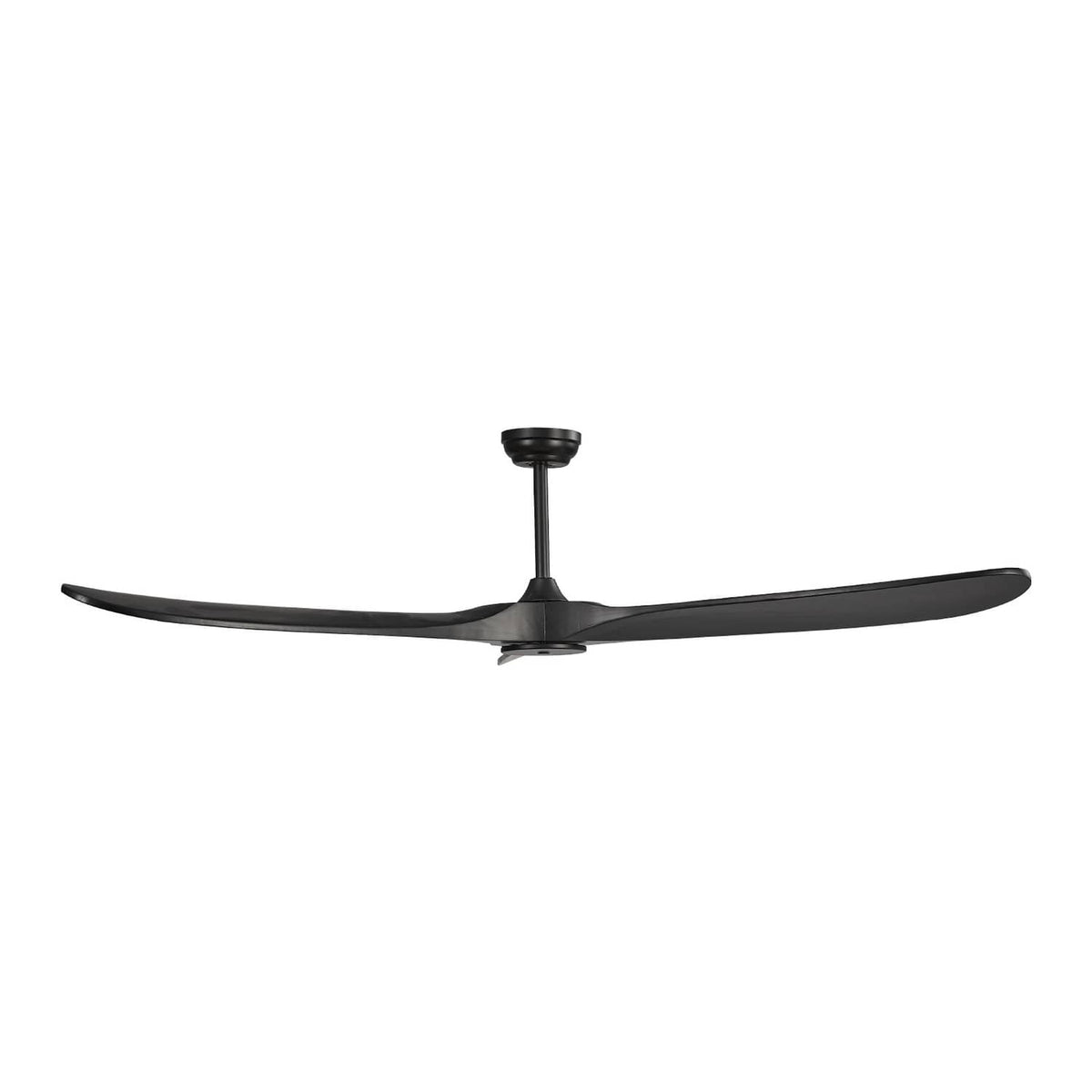 Ceiling fan with three black blades and central motor hub