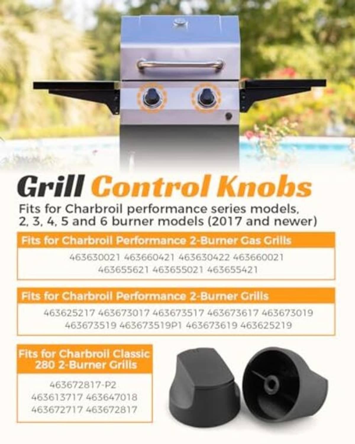 Set of two matte black grill control knobs with center mounting holes