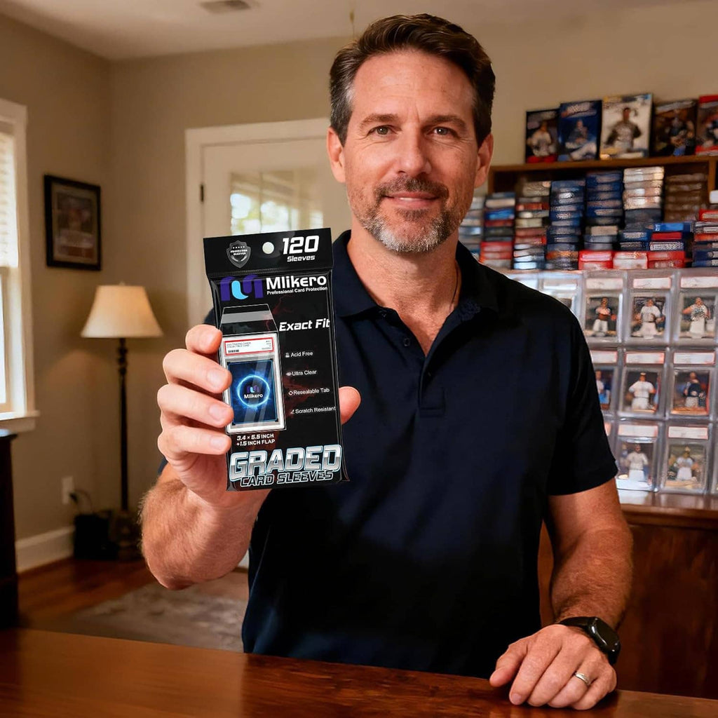 Person holding a 120-pack graded card sleeves box for collectible trading cards
