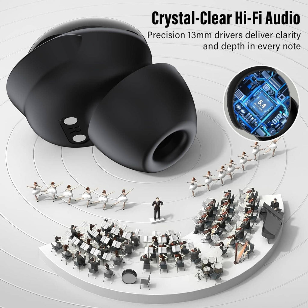 Black in-ear earbuds with 13mm driver design concept on white circular layout