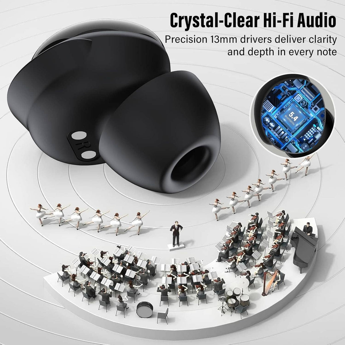 Black in-ear earbuds with 13mm driver design concept on white circular layout
