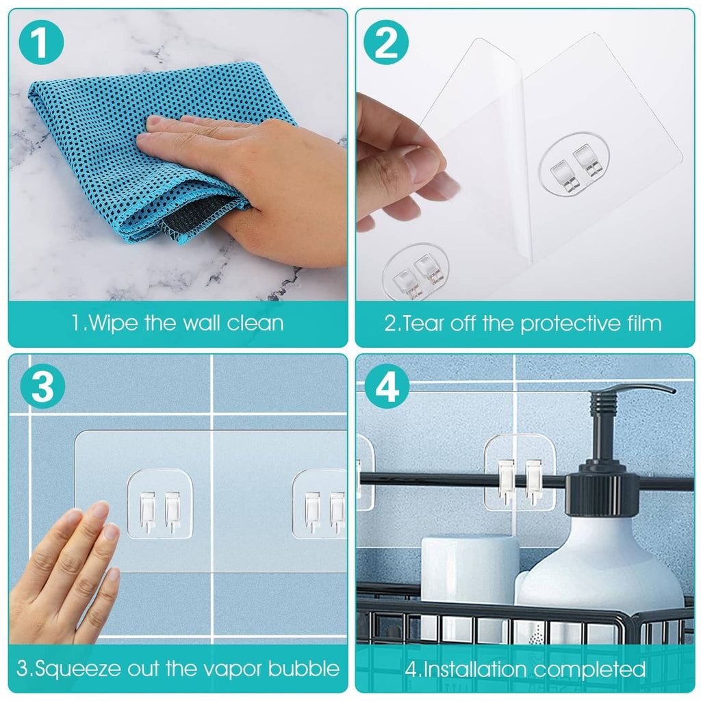 Adhesive hook installation steps: wipe wall, peel film, align, press to install