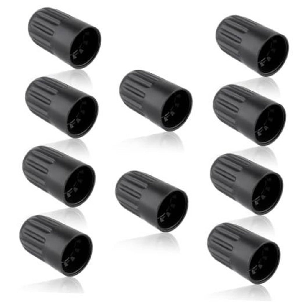 Set of black plastic tire valve stem caps with ridged texture, multiple pcs