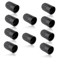 Set of black plastic tire valve stem caps with ridged texture, multiple pcs