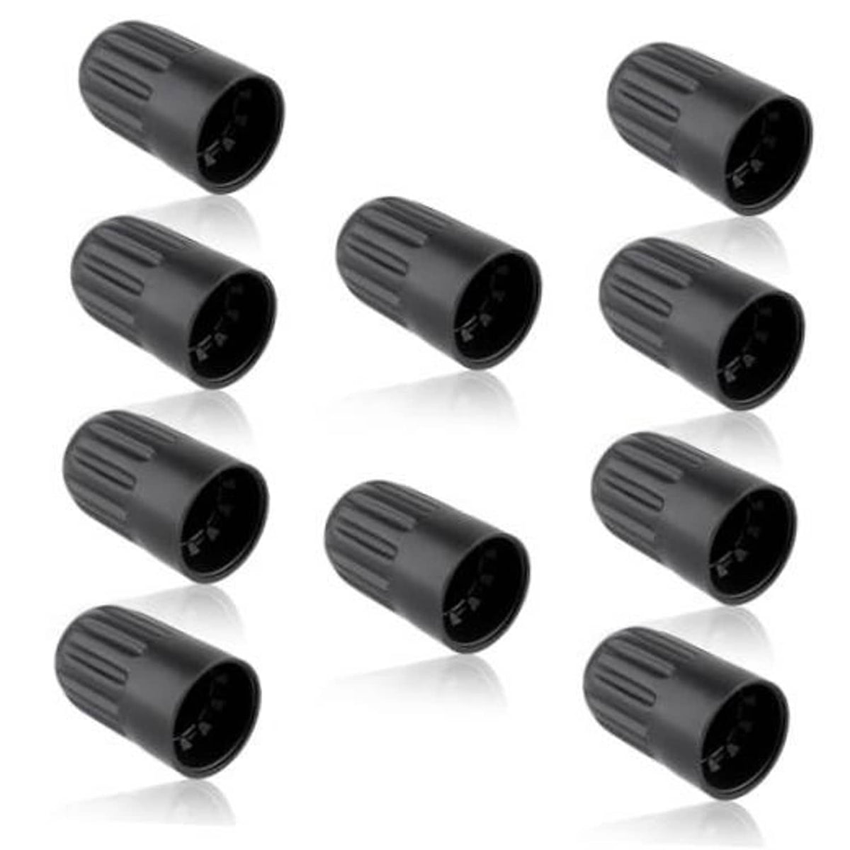 Set of black plastic tire valve stem caps with ridged texture, multiple pcs
