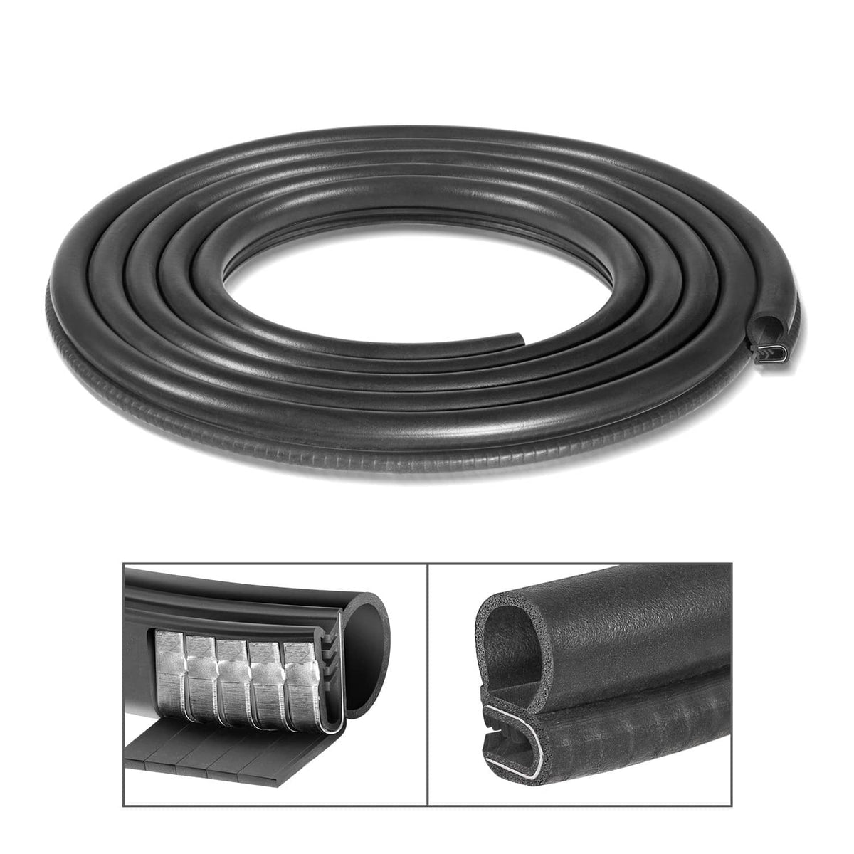 Black rubber door seal weatherstrip, 13.5 ft coil with end fastener clip