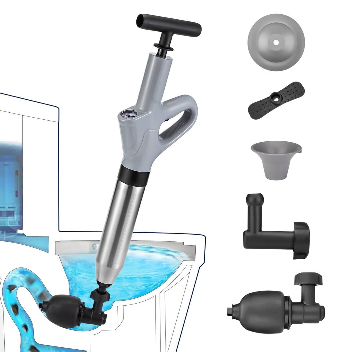 Gray toilet air plunger with nozzle and inflatable base parts, plus replacement attachments
