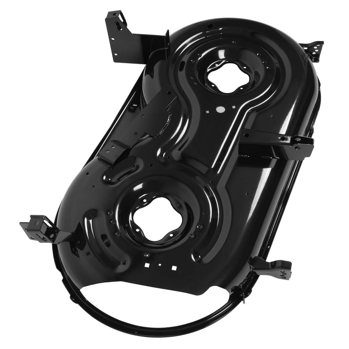 Black mower deck shell with two spindle cutouts and reinforced mounting arms