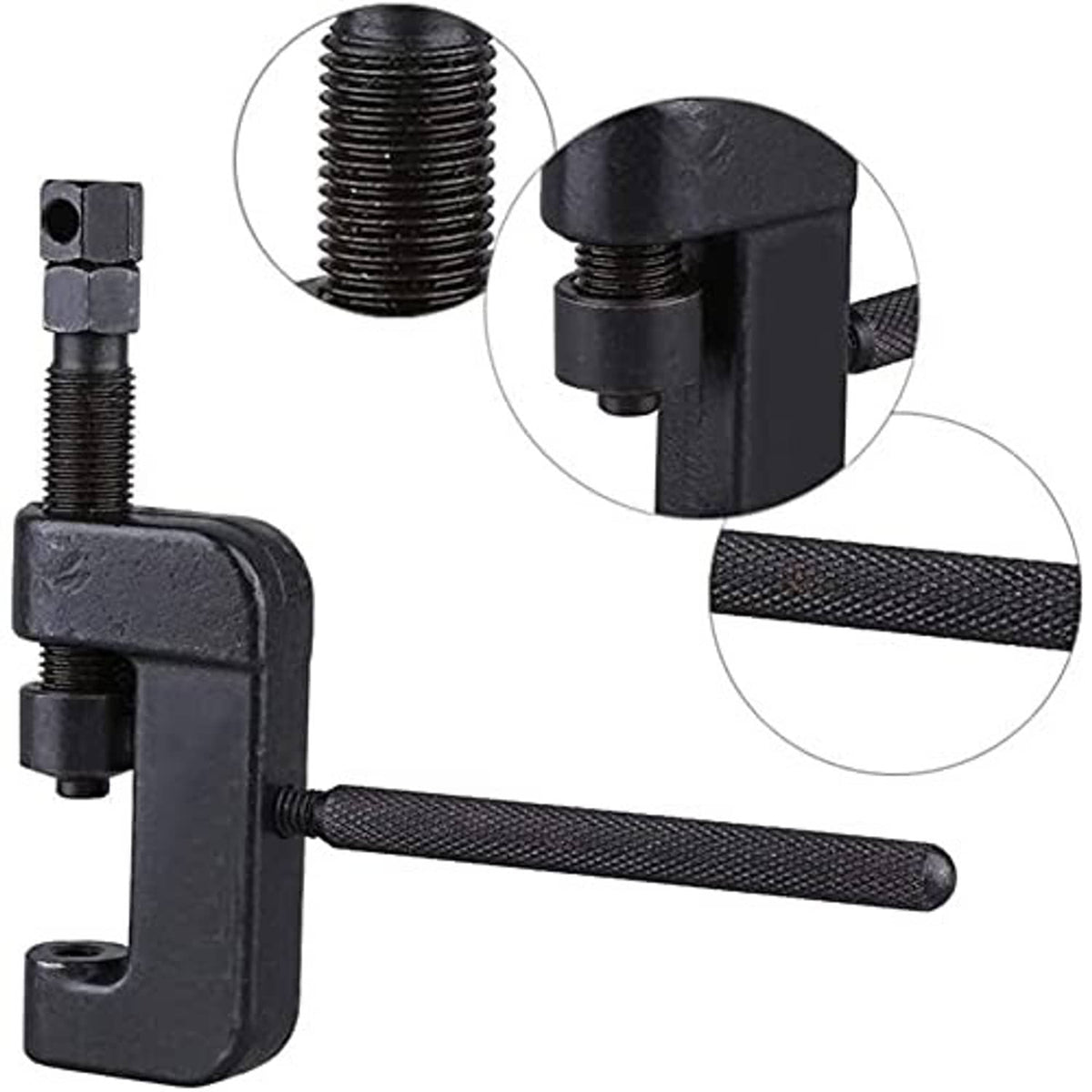 Black chain splitter press tool with threaded screw, textured handle, and base