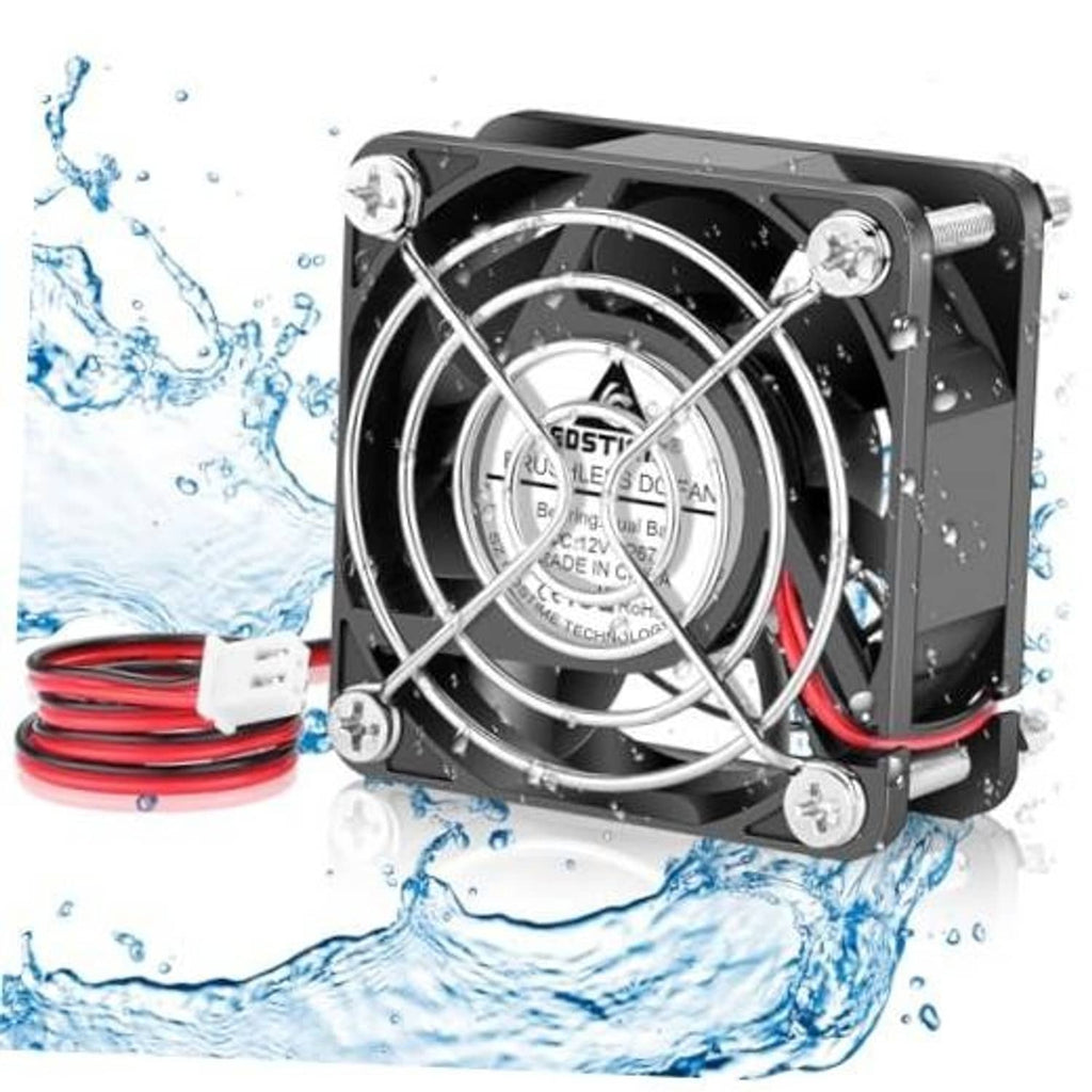 IP67 waterproof cooling fan with metal grille and dual red/black power leads