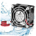 IP67 waterproof cooling fan with metal grille and dual red/black power leads