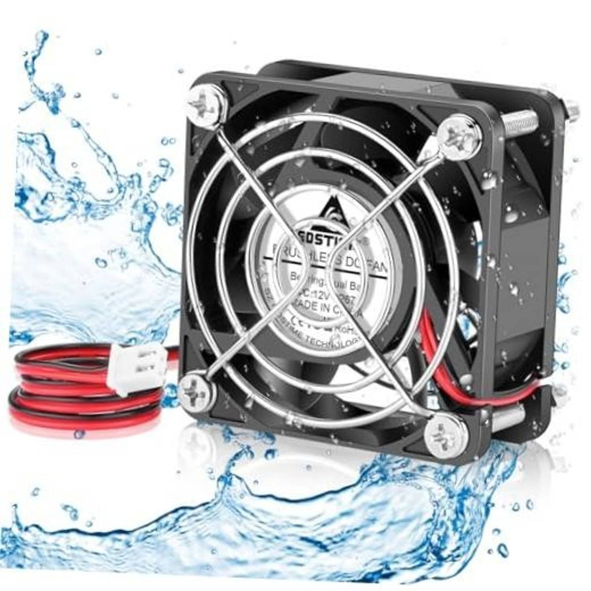 IP67 waterproof cooling fan with metal grille and dual red/black power leads