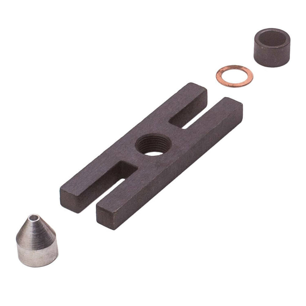 Compression tester adapter and seal set, dark metal components with threaded ends