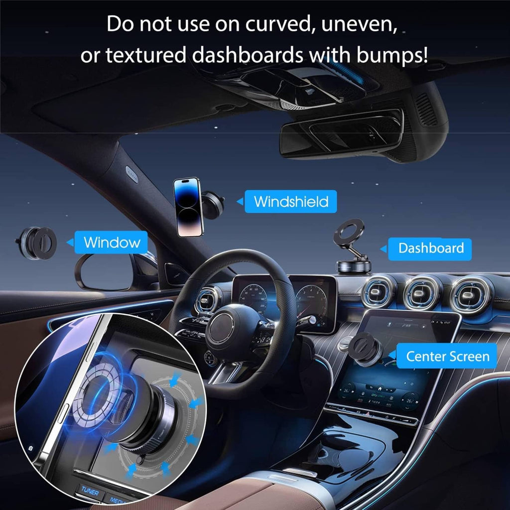 Vacuum magnetic car phone holder suction mount with phone grip on dashboard