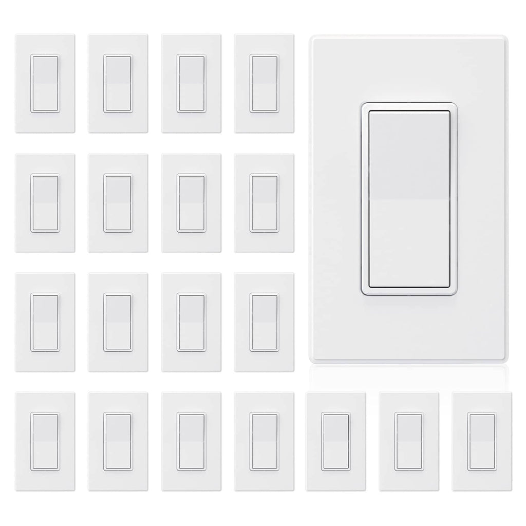 Matte white single-pole wall switch with rectangular wall plate, front view