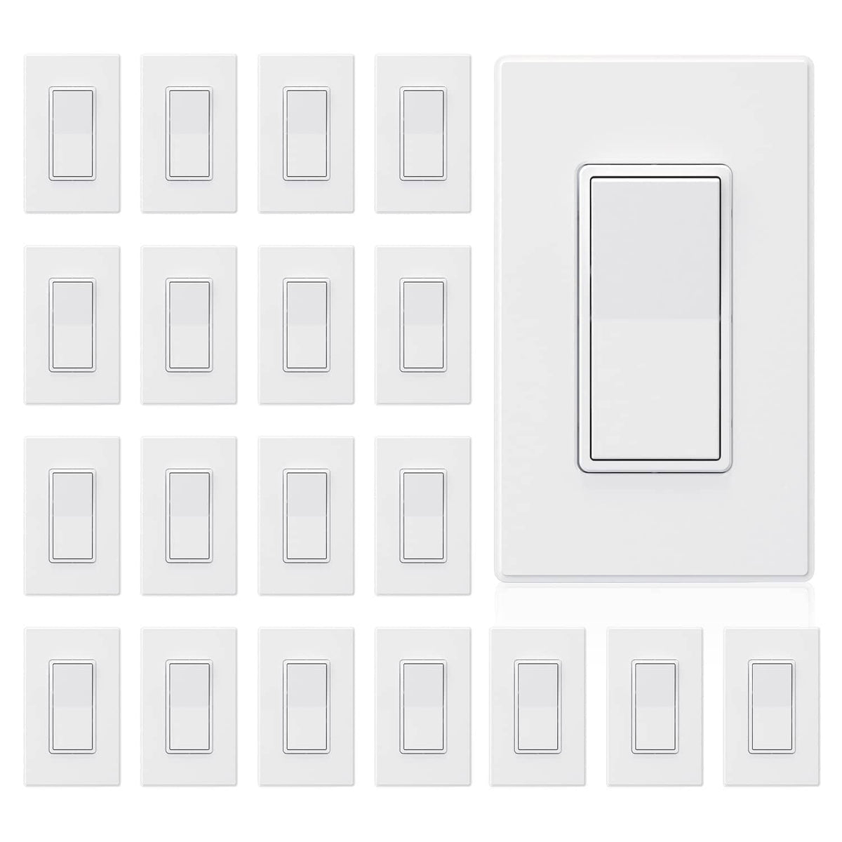 Matte white single-pole wall switch with rectangular wall plate, front view