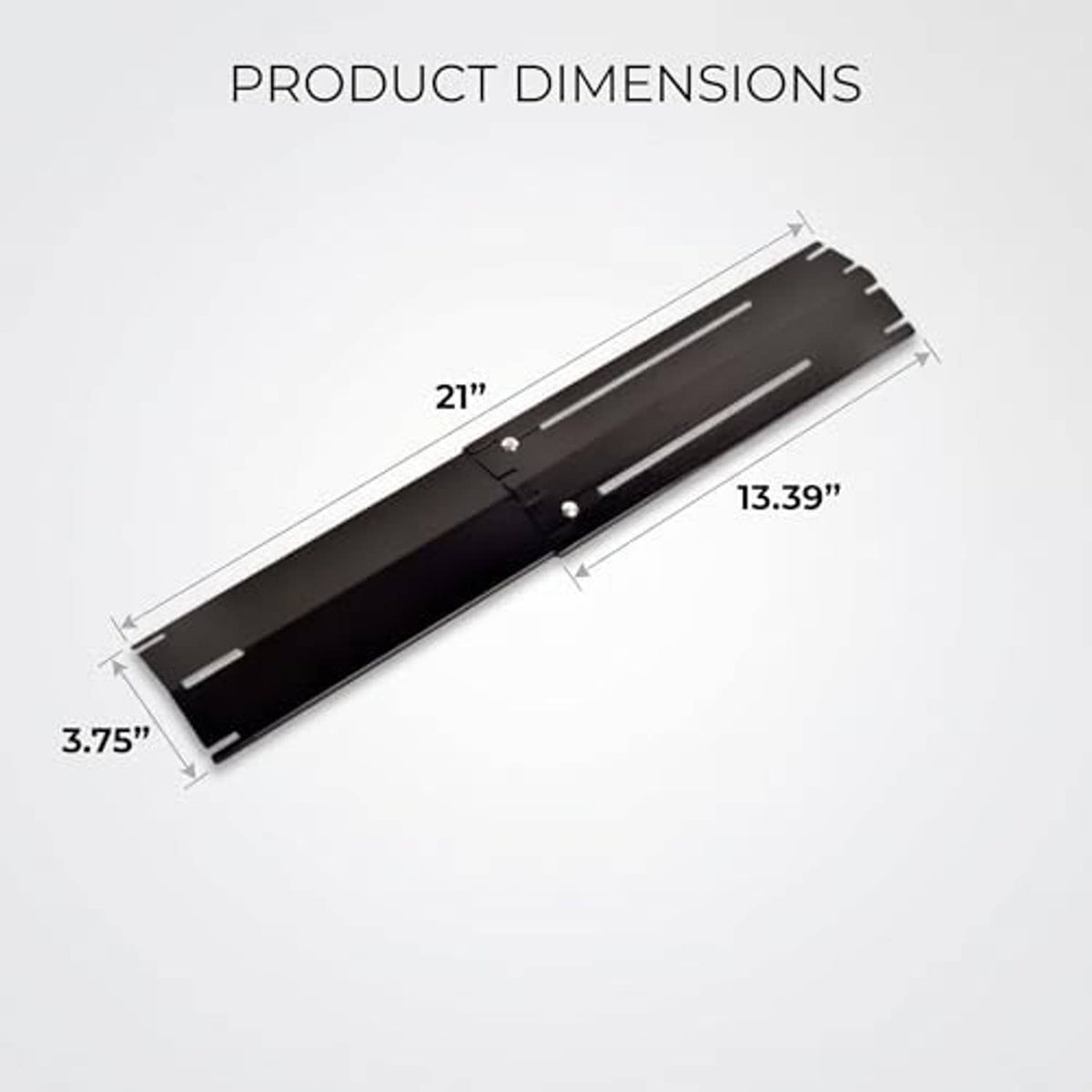 Universal grill heat shield plate, dark steel panel with vent slots; size shown (21 x 13.39)