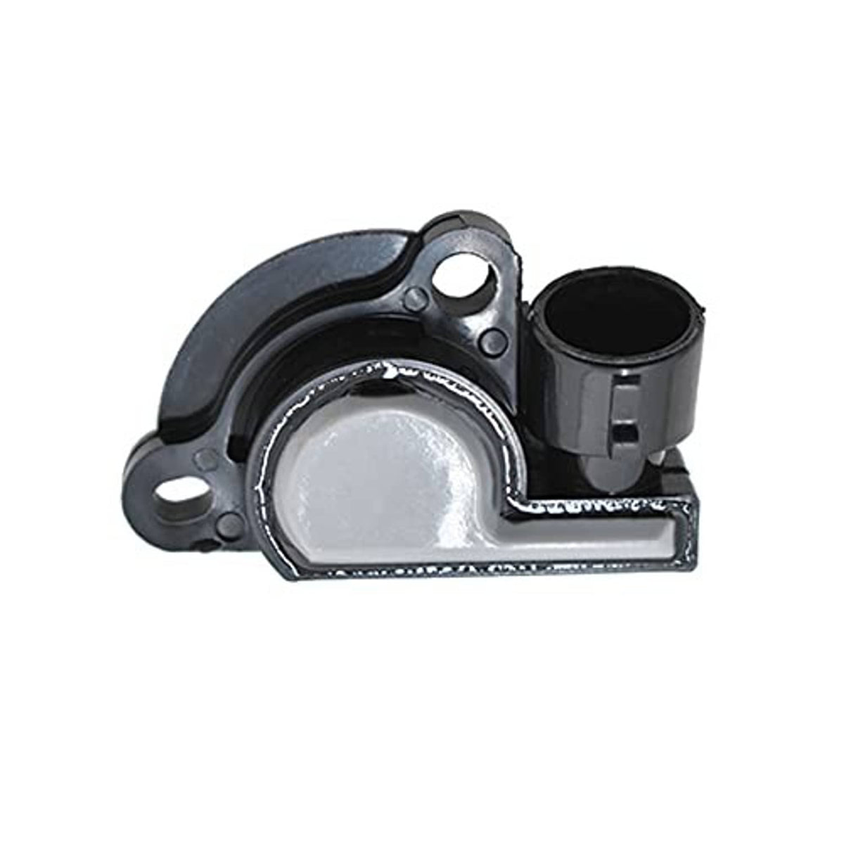 Throttle position sensor with black housing, gray metal plate, and cylindrical port