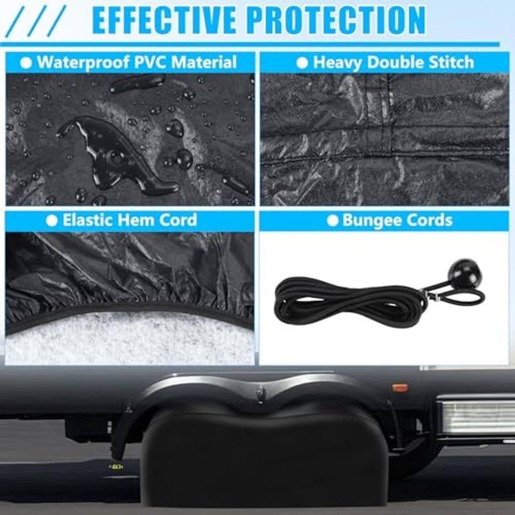 Black tire cover with elastic hem and bungee cord detail on trailer
