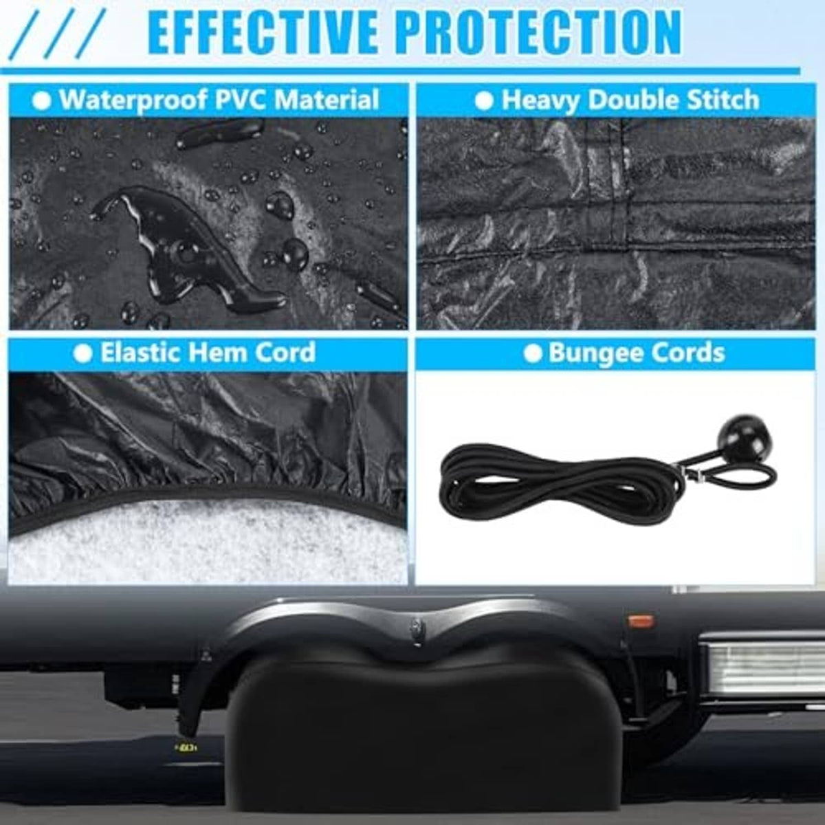 Black tire cover with elastic hem and bungee cord detail on trailer