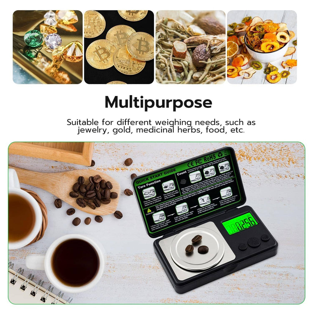 Black portable mini digital milligram scale with green LCD display and stainless steel weighing pan