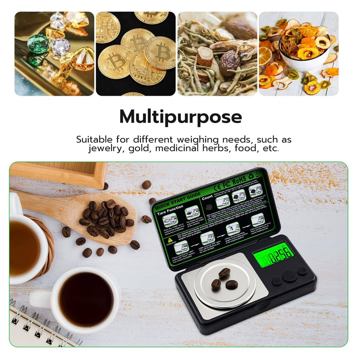 Black portable mini digital milligram scale with green LCD display and stainless steel weighing pan