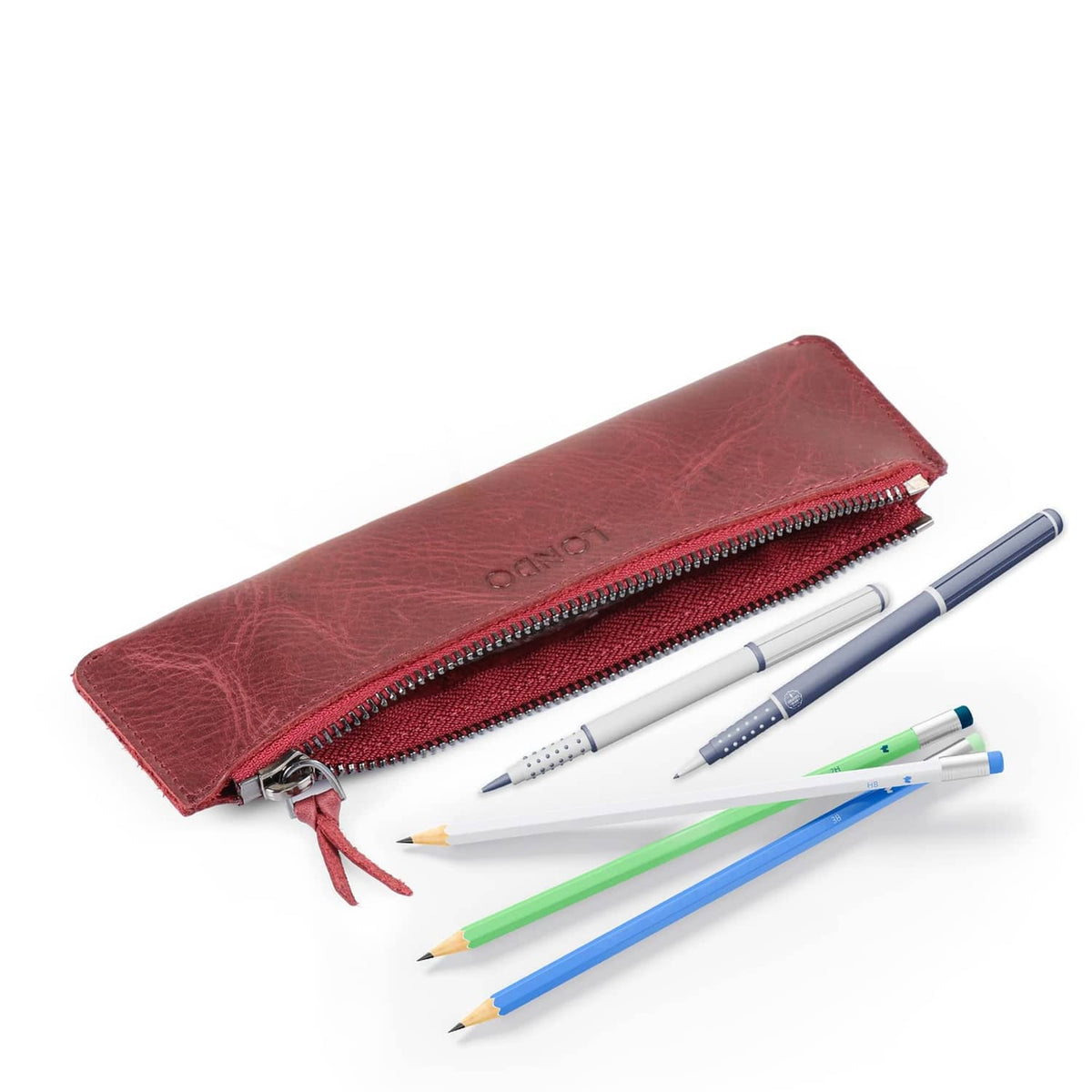 Maroon leather pen case with zipper, open view showing pens inside and embossed texture.