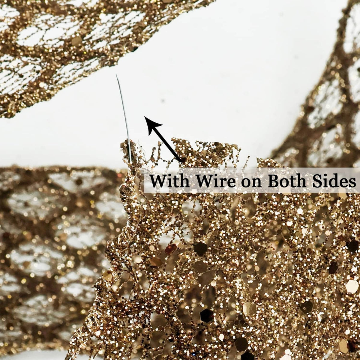 Brown wired glitter ribbon with wire edges visible, both sides shaped