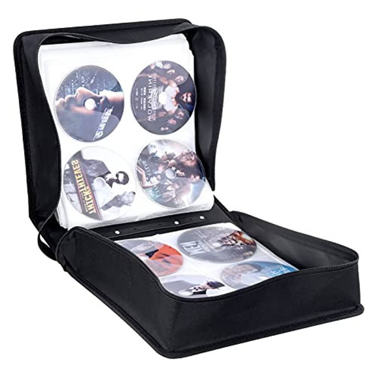 Black CD storage case with clear disc sleeves, open and zipper-closed
