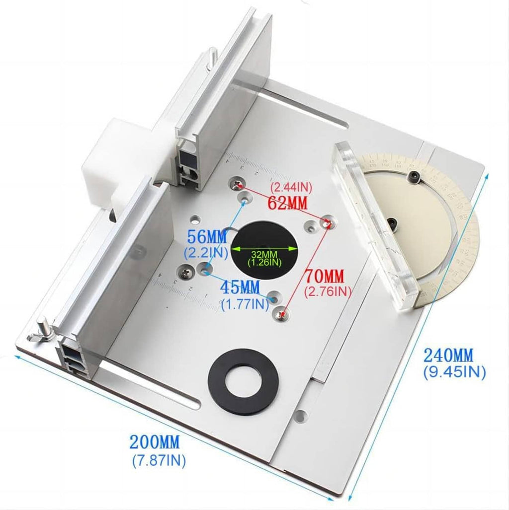 Aluminium router table insert plate with central 65mm hole, router lift bracket and mounts.