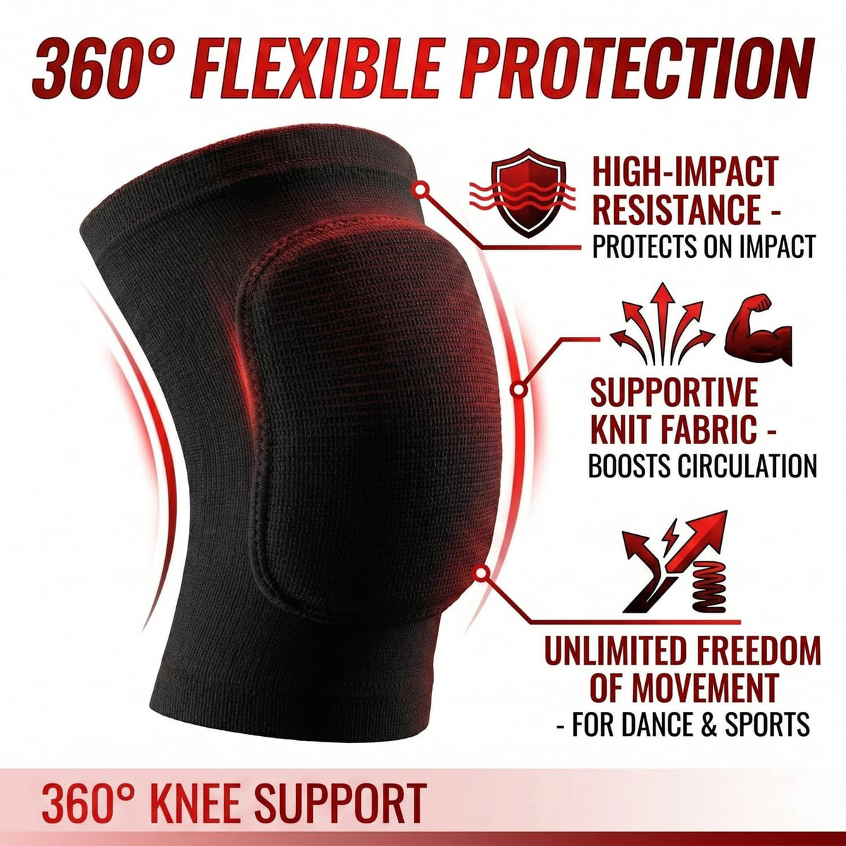Black knee pad sleeve with contoured padded center for impact protection and support.