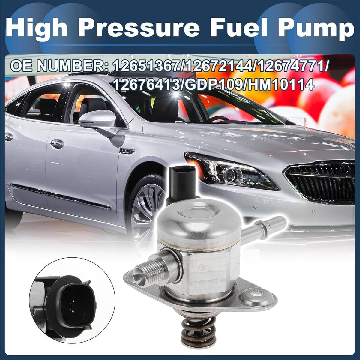 High-pressure fuel pump with mounting plate, metal body, and electrical connector.