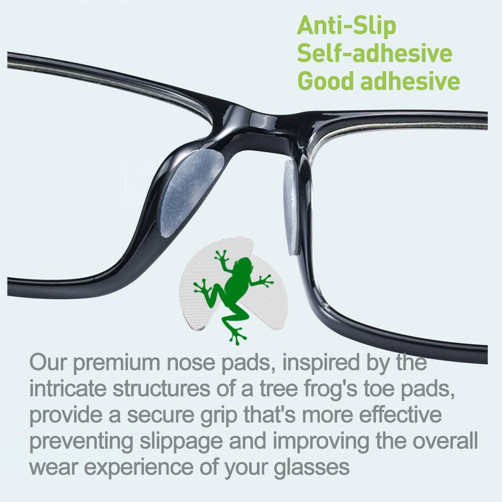 Self-adhesive anti-slip nose pads applied to black eyeglass frames