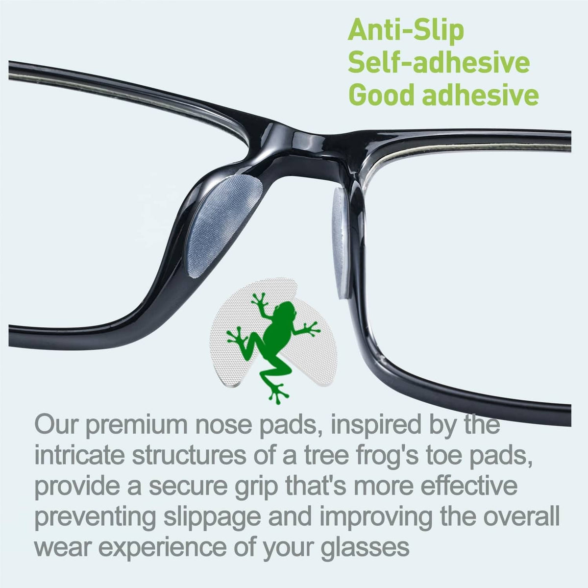 Self-adhesive anti-slip nose pads applied to black eyeglass frames