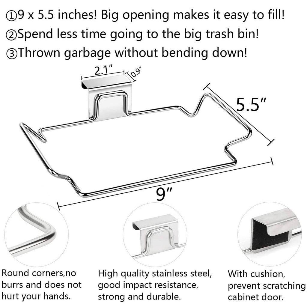 Stainless steel trash bag holder set with measurements and corner hooks
