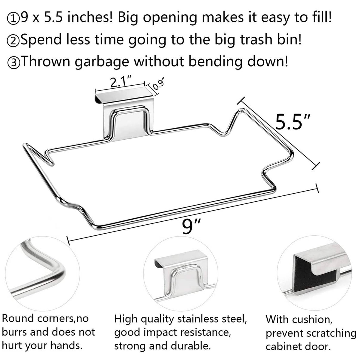 Stainless steel trash bag holder set with measurements and corner hooks