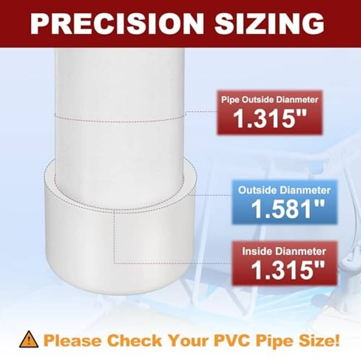 White PVC external end cap fitting shown with pipe diameter and inside opening sizes