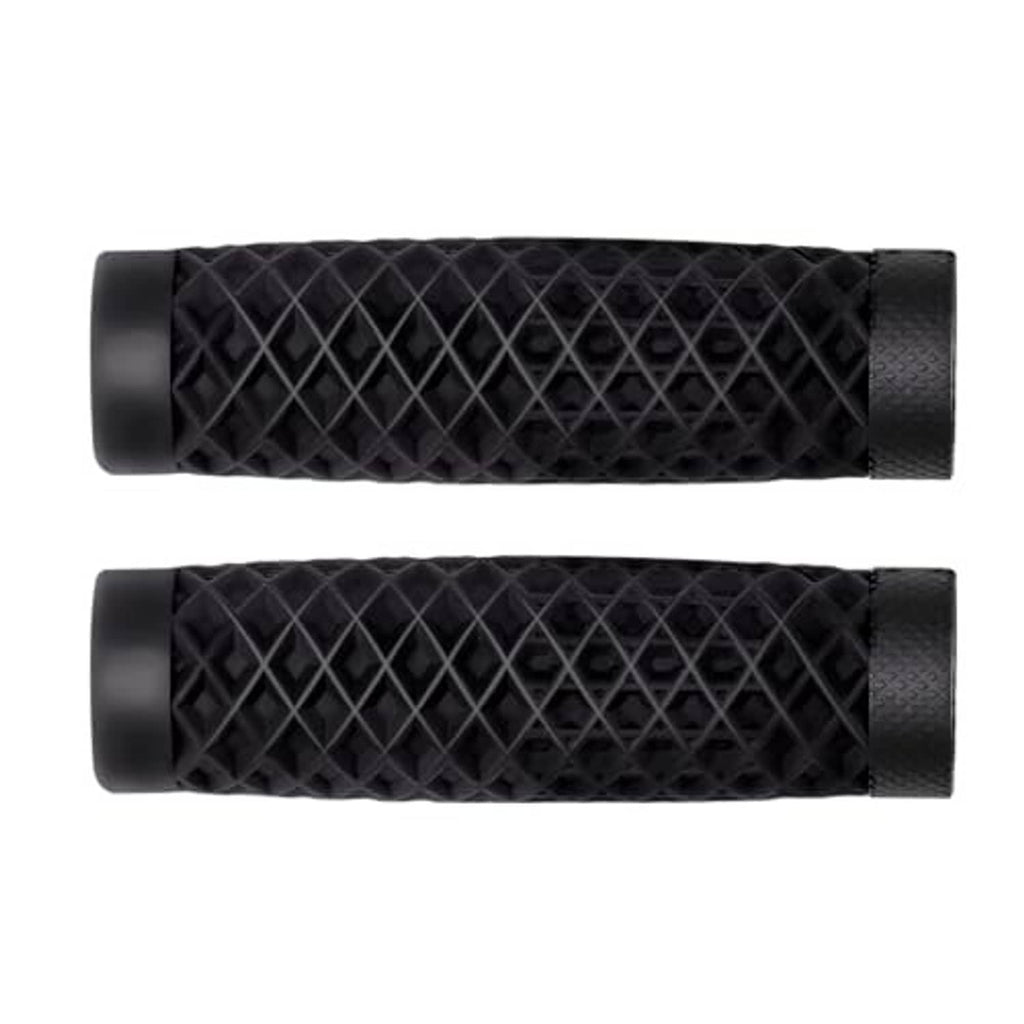 Two black bike handlebar grips with diamond crisscross tread and ribbed end collar