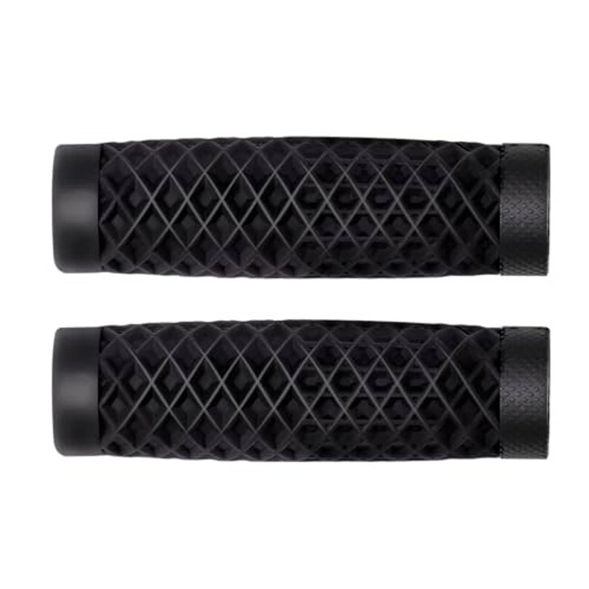 Two black bike handlebar grips with diamond crisscross tread and ribbed end collar