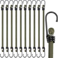 Set of 10 olive green bungee cords with black coils and metal hooks