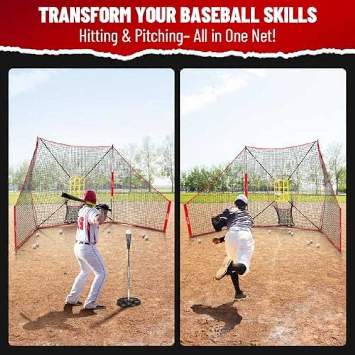Baseball training net for hitting and pitching with red frame and yellow target
