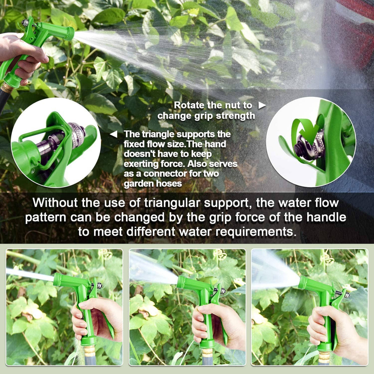 Green hose nozzle held by hand, pistol grip trigger controlling spray pattern