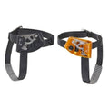 Rock climbing foot ascenders set: black straps, silver hardware, orange on right