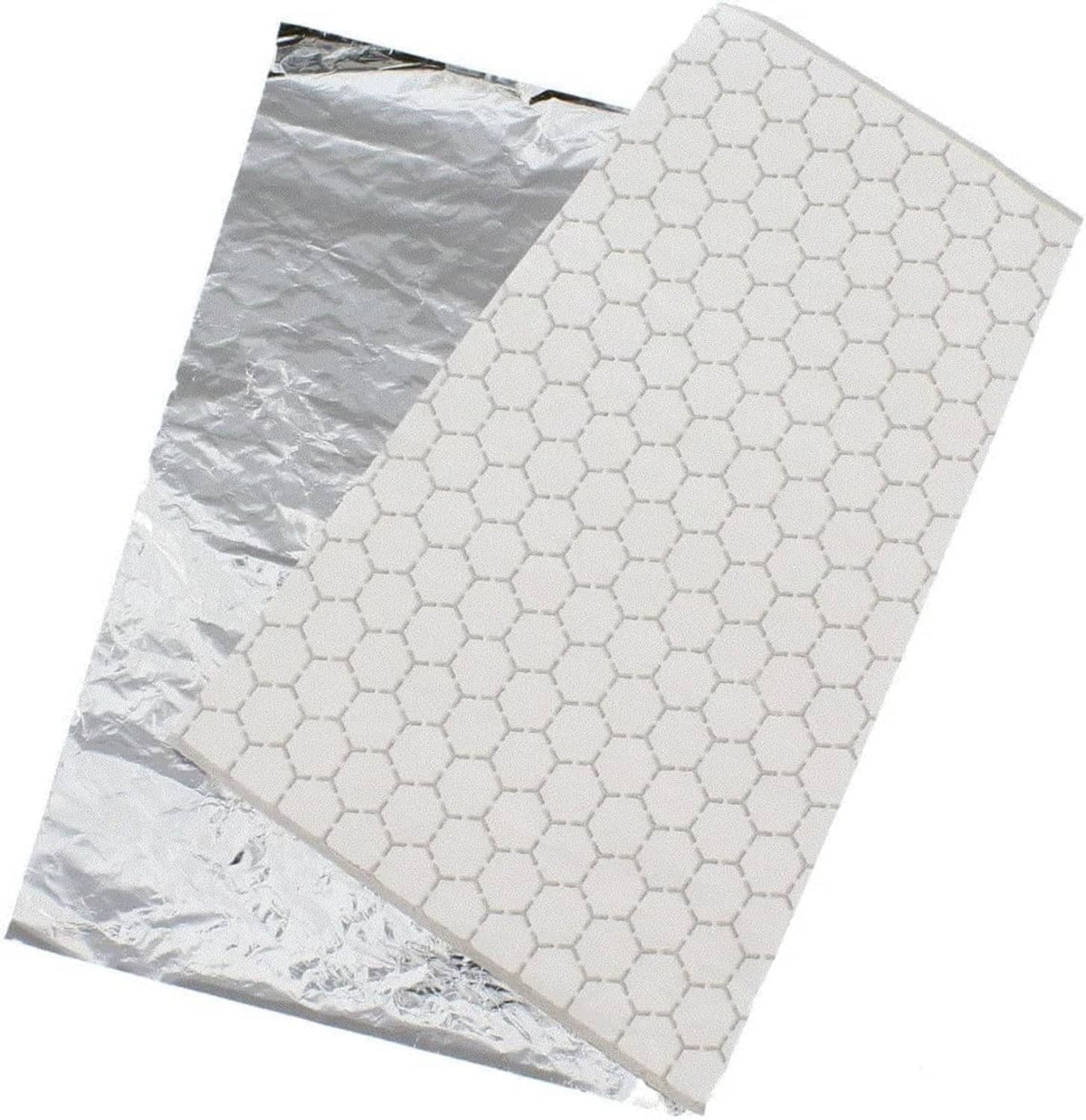 Aluminum foil insulation wrapping sheet with hex-patterned liner, silver on reverse