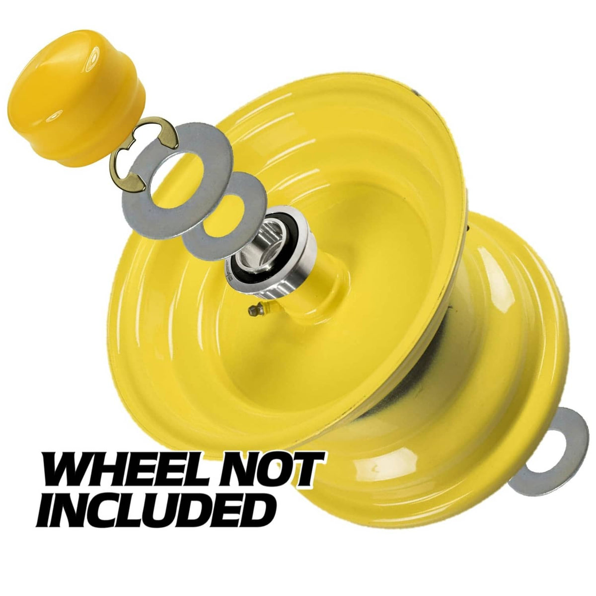 Yellow wheel bearing conversion assembly with metal washers and a small sealed bearing